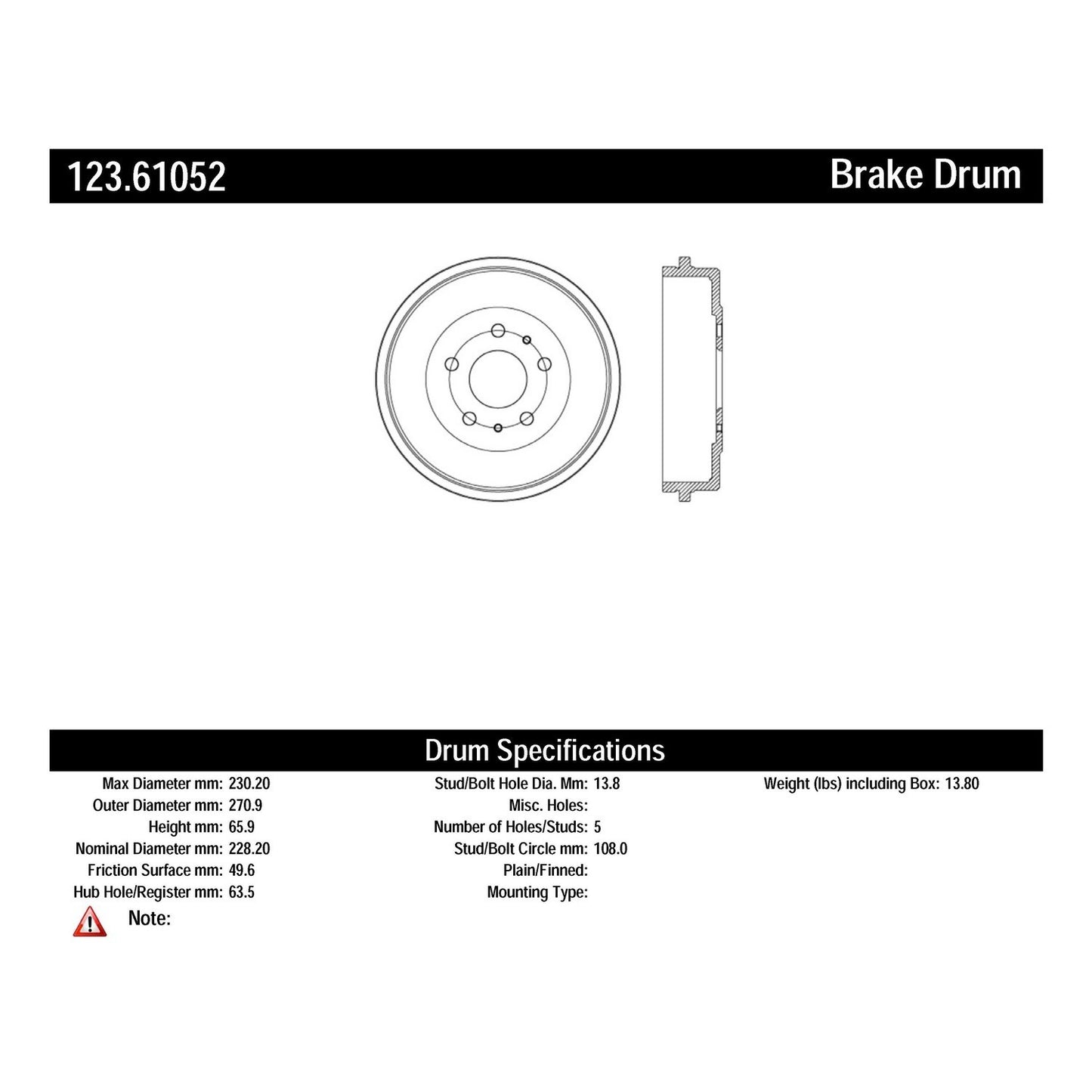 Centric Parts Brake Drum Standard with Non-Directional Finishes for 2012-2018 Ford Focus 123.61052