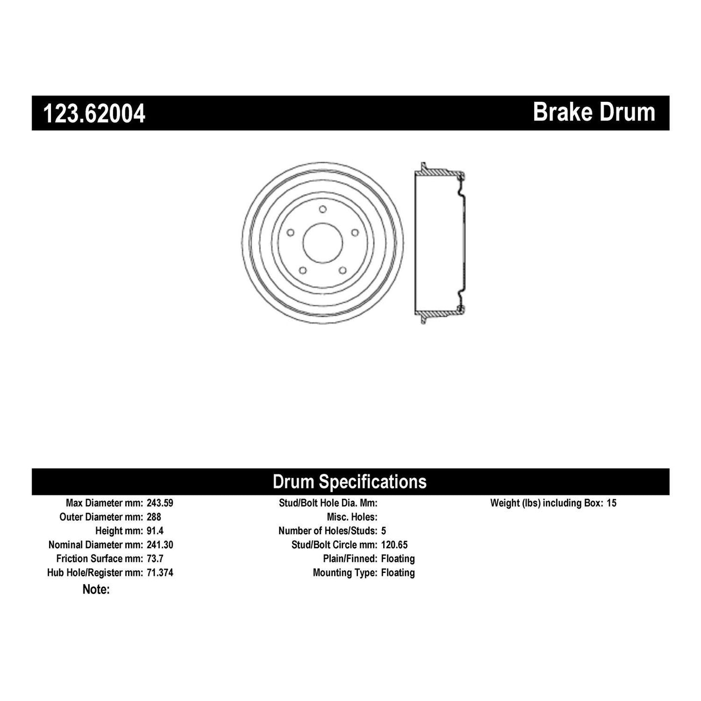 Centric Parts Brake Drum Standard with Non-Directional Finishes for 1969-1964 Chevrolet Chevelle, Chevy II, Corvair, El Camino, Malibu, Nova Part Number 123.62004