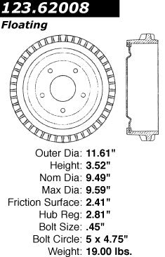 Centric Parts Brake Drum Standard Non-Directional Finishes for 1964-1975 Buick Apollo, Chevrolet Camaro, Corvair, El Camino, G10 Van, Malibu, Monte Carlo, Nova, GMC G15/G1500 123.62008