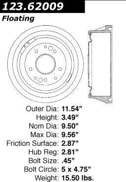 Centric Parts Brake Drum Standard Non-Directional Finishes for 1967-1974 Chevrolet Camaro Buick Apollo 123.62009