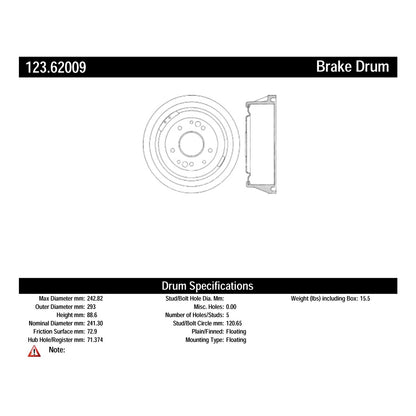 Centric Parts Brake Drum Standard Non-Directional Finishes for 1967-1974 Chevrolet Camaro Buick Apollo 123.62009