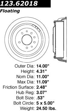 Centric Parts Brake Drum Standard Non-Directional Finishes for Buick Centurion 1971-1973, Electra 1971-1989, LeSabre 1971-1989 123.62018