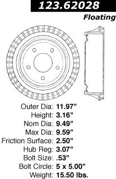 Centric Parts Brake Drum Standard with Non-Directional Finishes for 1991-1996 Chevrolet Caprice Commercial Chassis 123.62028