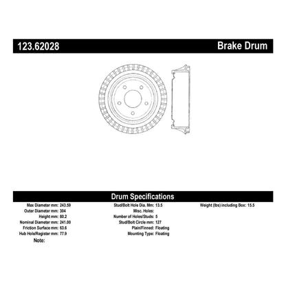 Centric Parts Brake Drum Standard with Non-Directional Finishes for 1991-1996 Chevrolet Caprice Commercial Chassis 123.62028