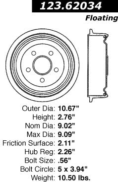 Centric Parts Brake Drum Standard with Non-Directional Finishes for 2003-2005 Chevrolet Cavalier Pontiac Sunfire 123.62034