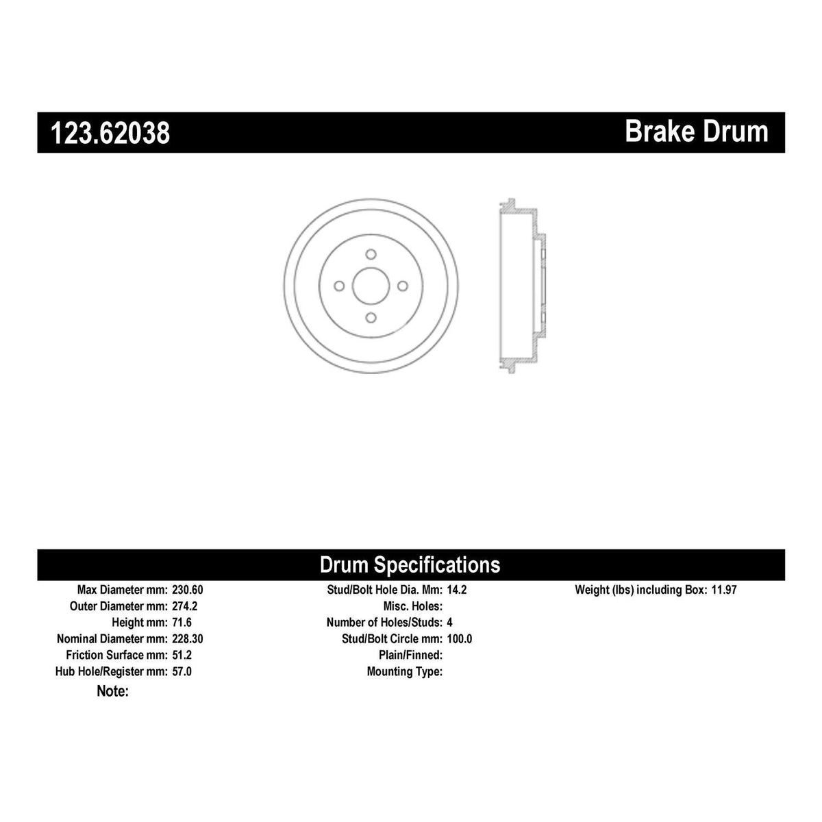 Centric Parts Brake Drum 123.62038