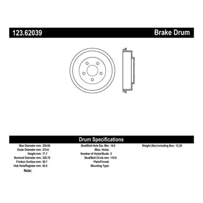 Centric Parts Brake Drum Non-Directional Finish 123.62039