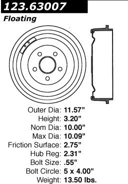 Centric Parts Brake Drum Standard Non-Directional Finishes for 1972-1965 Dodge Dart, Plymouth Barracuda, Duster, Scamp, Valiant Part Number 123.63007