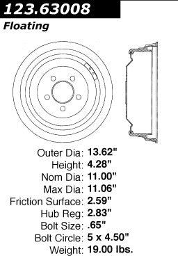 Centric Parts Brake Drum Standard with Non-Directional Finishes for 1971-1969 Dodge D100 Pickup, Monaco, Polara, Royal Monaco, Plymouth Fury