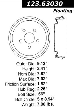 Centric Parts Brake Drum Standard Non-Directional Finishes for Chrysler Daytona 1990, LeBaron 1989-1985, Neon 2002-2000, Shadow 1994-1989 123.63030