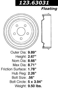 Centric Parts Brake Drum Standard Non-Directional Finishes for 1984-1995 Chrysler Daytona LeBaron New Yorker PT Cruiser Sebring Town & Country D 123.63031