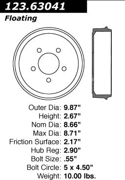 Centric Parts Brake Drum Standard with Non-Directional Finishes for 1993-1997 Chrysler Concorde Intrepid Dodge Intrepid Eagle Vision 123.63041