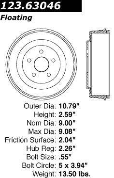 Centric Parts Brake Drum Standard with Non-Directional Finishes for 2003-2006 Chrysler Sebring Dodge Stratus 123.63046