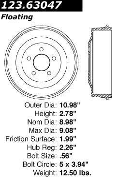 Centric Parts Brake Drum Standard with Non-Directional Finishes for 2004-2009 Chrysler PT Cruiser 123.63047