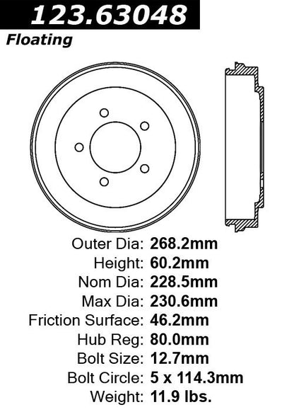 Centric Parts Brake Drum Standard with Non-Directional Finishes for 2007-2011 Chrysler Sebring, Dodge Avenger, Caliber, Jeep Compass, Patriot 123.63048