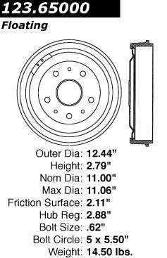 Centric Parts Brake Drum Standard with Non-Directional Finishes for 1948-1975 Ford Bronco 123.65000