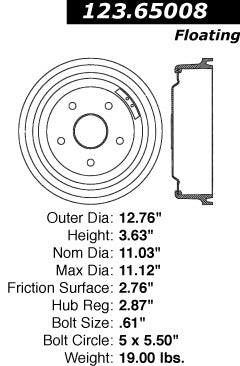 Centric Parts Brake Drum Standard with Non-Directional Finishes for 1969-1976 Ford Econoline 123.65008