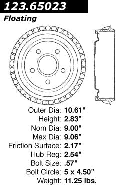 Centric Parts Brake Drum Standard Non-Directional Finishes for Ford Aerostar 1986‑1989, Bronco II 1984‑1990, Ranger 1983‑1997, Mazda B2300/3000/4000 1994‑1997 123.65023