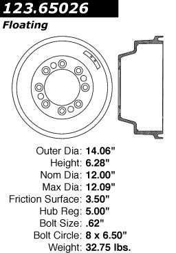 Centric Parts Brake Drum Standard with Non-Directional Finishes for 1984-1989 Ford F-350 123.65026