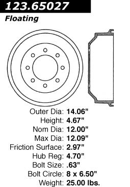 Centric Parts Brake Drum Standard with Non-Directional Finishes for 1986-1996 Ford F-250 123.65027
