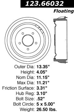 Centric Parts Brake Drum Standard with Non-Directional Finishes for 1990-1995 Chevrolet G10 G20 GMC G1500 G2500 R1500 Suburban 123.66032