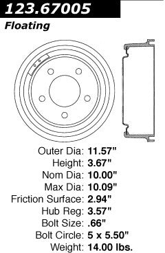 Centric Parts Brake Drum Standard C‑Tek for 1980-1985 Dodge Ramcharger Plymouth Trailduster 123.67005