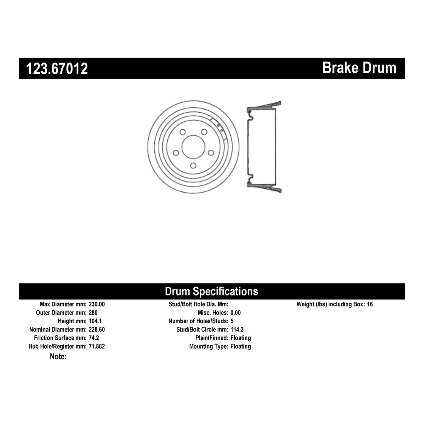 Centric Parts Brake Drum Non-Directional Finishes 123.67012