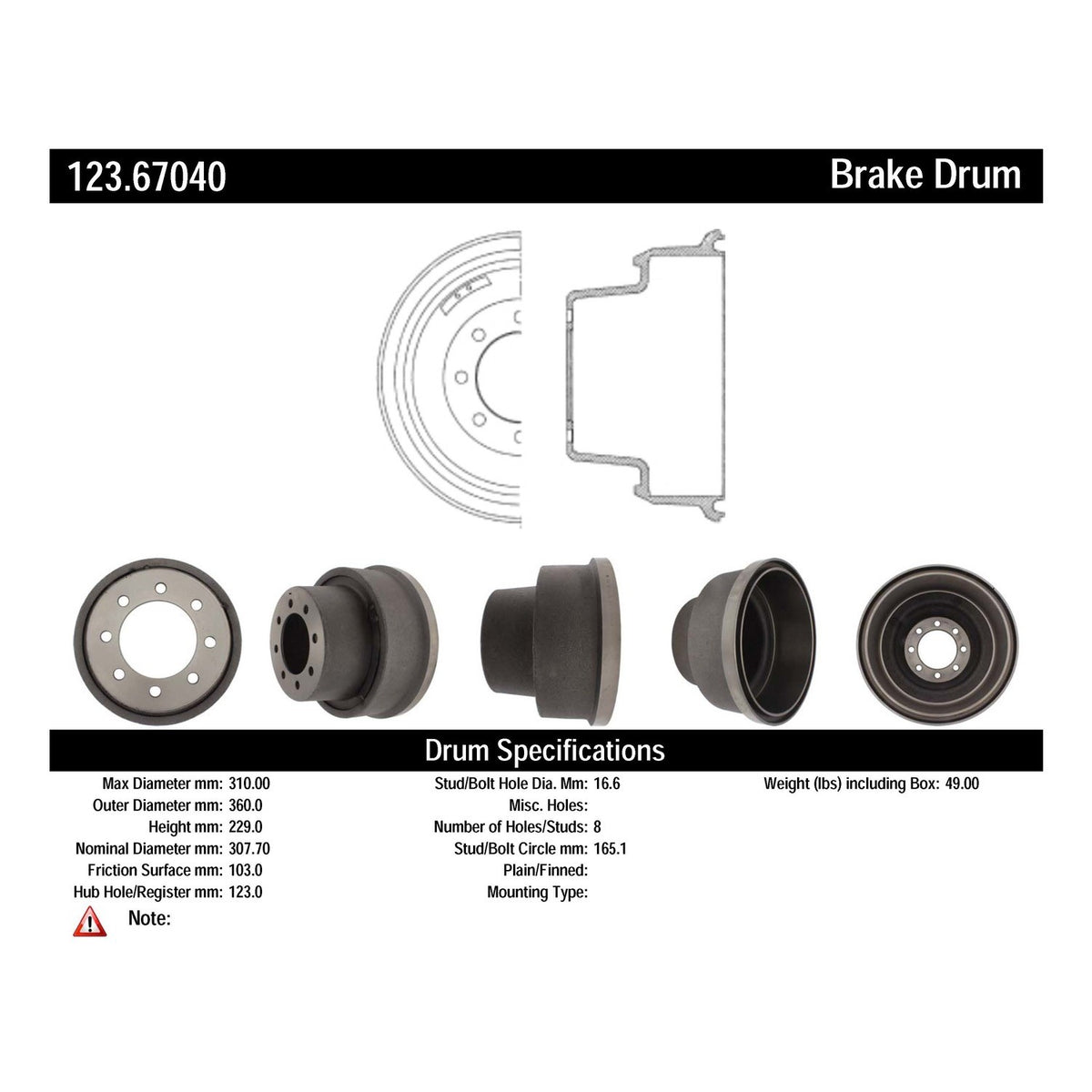 Centric Parts Brake Drum Standard with Non-Directional Finishes for 2000-2001 Dodge Ram 3500 Ram 4000 123.67040