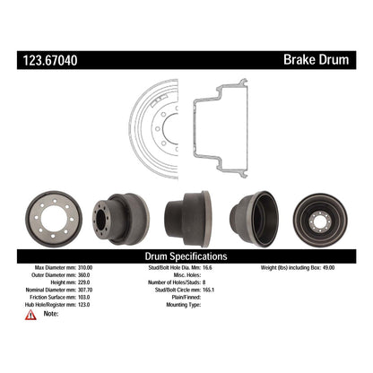Centric Parts Brake Drum Standard with Non-Directional Finishes for 2000-2001 Dodge Ram 3500 Ram 4000 123.67040