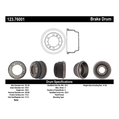 Centric Parts Brake Drum Non-Directional Finish 123.76001