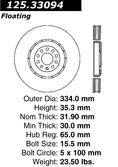Centric Parts Disc Brake Rotor Premium High Carbon Alloy for 2004-2006 Audi TT Quattro 125.33094