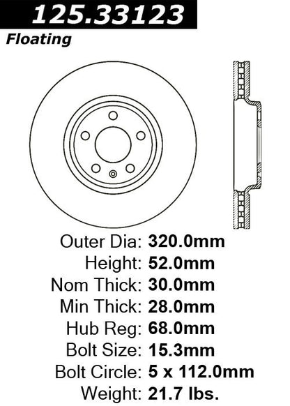 Stoptech Centric 09-10 Audi A4/A4 Quattro / 08-10 A5 / 10 S4 Front Premium High Carbon Rotor 125.33123
