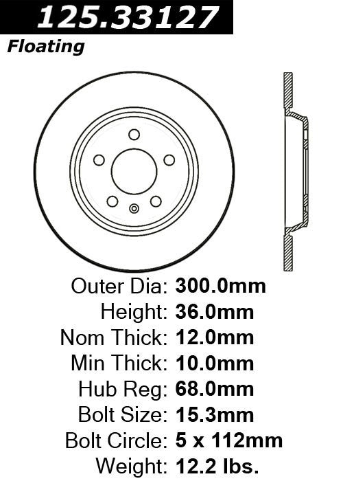 Stoptech Centric 09-10 Audi A4/A4 Quattro / 08-10 A5 / 10 S4 Rear Premium High Carbon Rotor 125.33127
