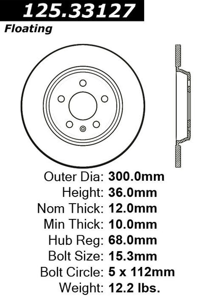 Stoptech Centric 09-10 Audi A4/A4 Quattro / 08-10 A5 / 10 S4 Rear Premium High Carbon Rotor 125.33127