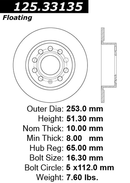 Centric Parts Disc Brake Rotor High Carbon Alloy with Advanced Metallurgy for 2004-2019 Audi A3, Seat Altea, Volkswagen 125.33135