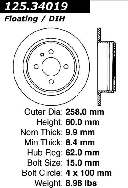 Stoptech Centric 90-4/91 BMW 318i/iS (E30) / 89-4/91 325/328 (E30) Rear Prem High Carbon Rotor 125.34019