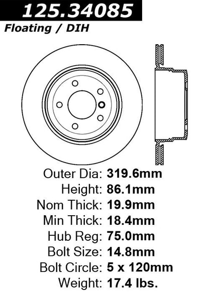 Stoptech Centric 06-07 BMW 525/530 Series / 08-09 BMW 528/535 Series Rear Premium High-Carbon Rotor 125.34085