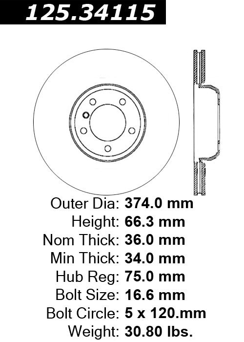 Centric Parts Disc Brake Rotor High Carbon Alloy with Advanced Metallurgy for 2010-2015 BMW 550i GT xDrive 750i 750Li Mercedes-Benz SLK55 AMG 125.34115