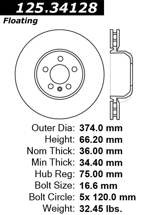 Centric Parts Disc Brake Rotor High Carbon Alloy with Advanced Metallurgy for 2010-2018 BMW Alpina 760Li B6 B7 125.34128