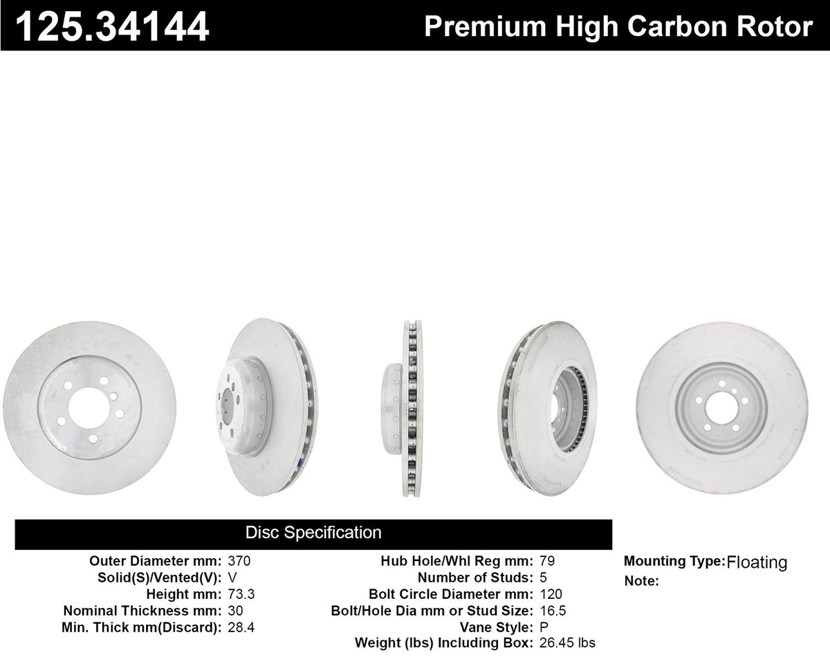 Stoptech Centric Premium High Carbon Alloy Brake Rotor - Front 125.34144