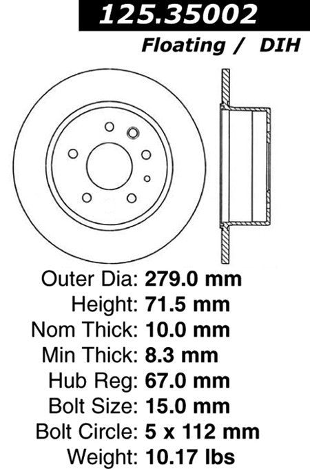 Centric Parts Disc Brake Rotor Premium High Carbon Alloy with Advanced Metallurgy for 1973-1983 Mercedes-Benz 125.35002