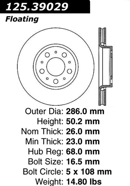 Stoptech Centric Premium High Carbon Brake Rotor 125.39029