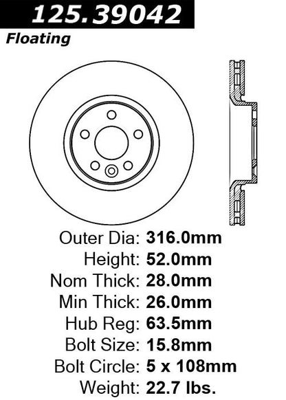 Stoptech Centric Premium High Carbon Brake Rotor 125.39042
