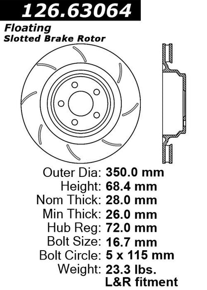 Centric Parts Disc Brake Rotor Premium OE Style Slotted e-coated for 2005-2019 Chrysler 300 Dodge Challenger Charger Magnum