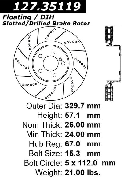 Stoptech Centric Slotted & Drilled OE Design Brake Rotor 127.35119