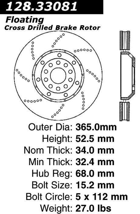 Stoptech Centric 03-04 Audi RS6 Drilled Right Front OE Design Brake Rotor 128.33081