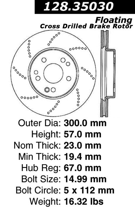 Stoptech Centric Drilled OE Design Brake Rotor 128.35030