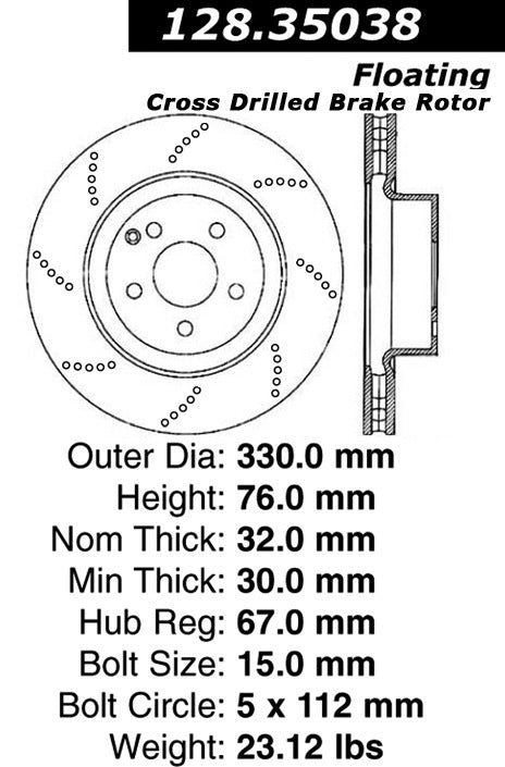 Centric Parts Disc Brake Rotor Premium OE Style Drilled for 2000-2003 Mercedes-Benz CL500 S430 S500 128.35038