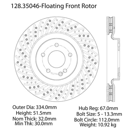 Centric Parts Disc Brake Rotor Premium OE Style Drilled with Electrocoating finish for 1993-2002 Mercedes-Benz 600SL SL500 SL600 128.35046