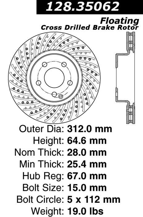 Centric Parts Disc Brake Rotor Premium OE Style Drilled with Electrocoating finish for 2003-2006 Mercedes-Benz E350 E500 2008-2009 Tesla Roadster 128.35062